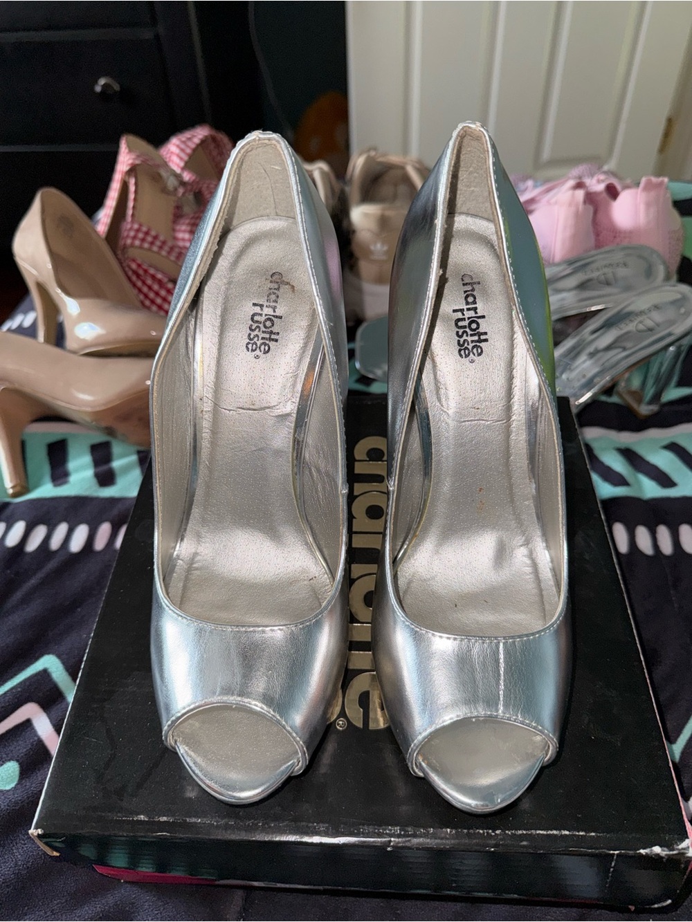 Charlotte Russe Metallic Silver Peep-Toe Heels